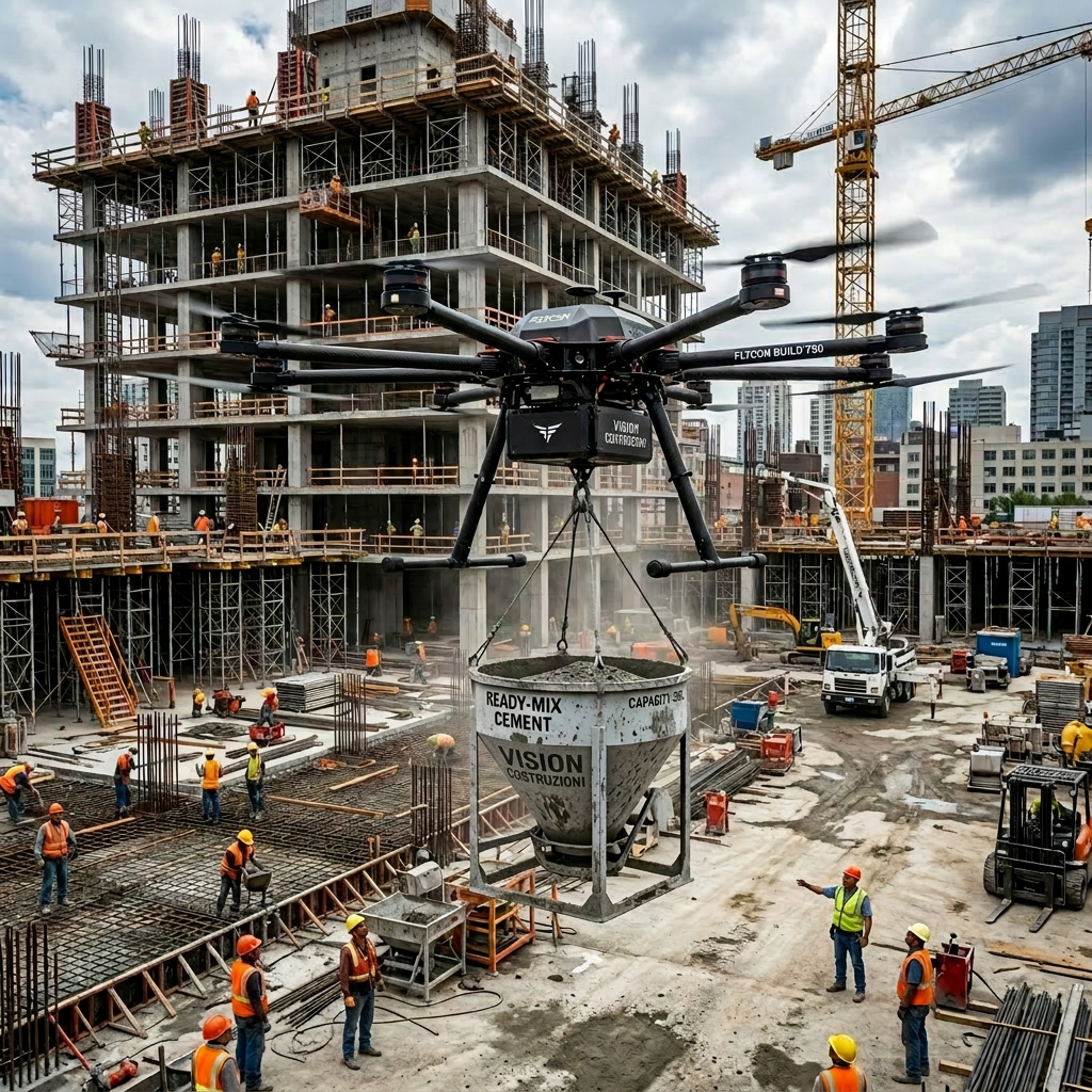Drone carrying ready-mix cement bucket over a construction site with workers